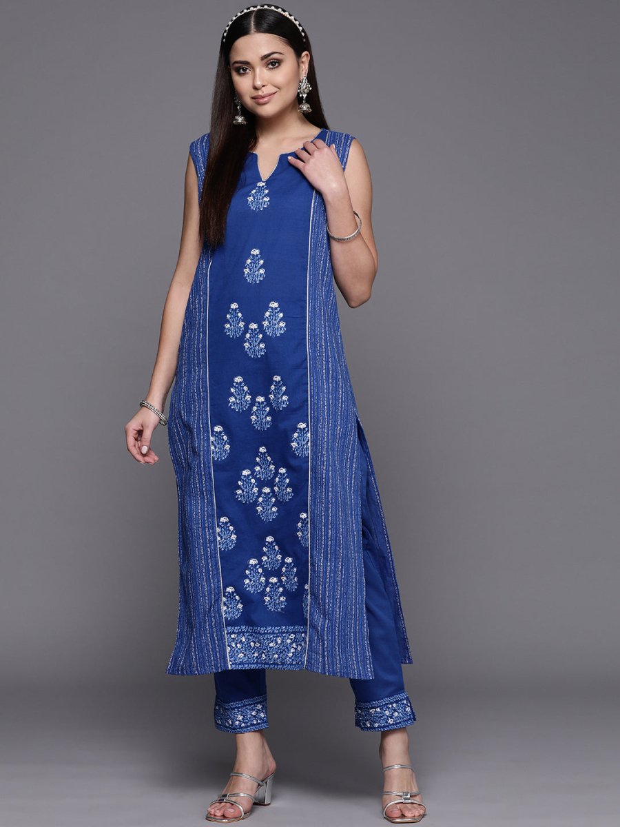 Ahalyaa Women Blue Floral Printed Pure Cotton Kurta with Trousers - Distacart