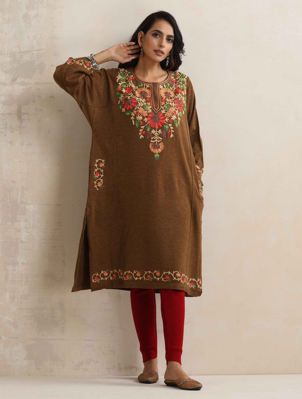 trueBrowns Brown Kashmiri Floral Embroidered Woollen Phiran Kurta - Distacart
