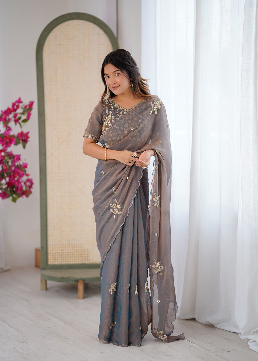 Evanik Grey Mos Silk With Handwork Butterfly Design Saree With Unstitched Blouse