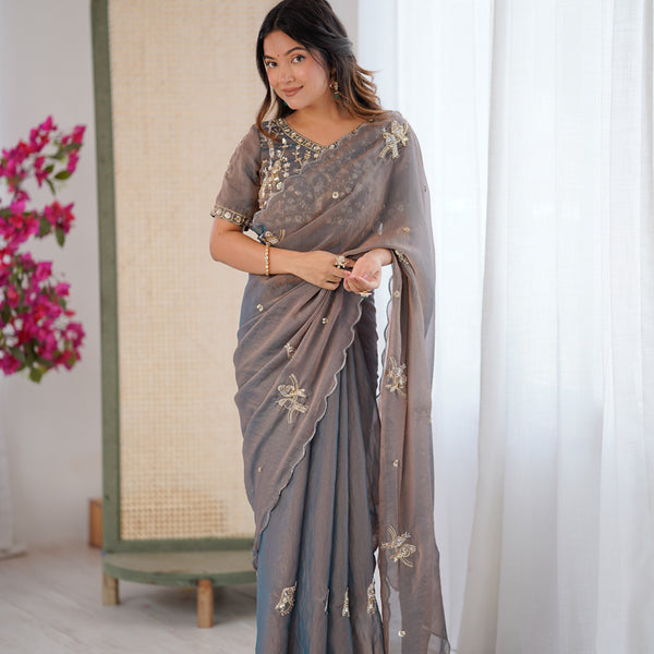 Evanik Grey Mos Silk With Handwork Butterfly Design Saree With Unstitched Blouse