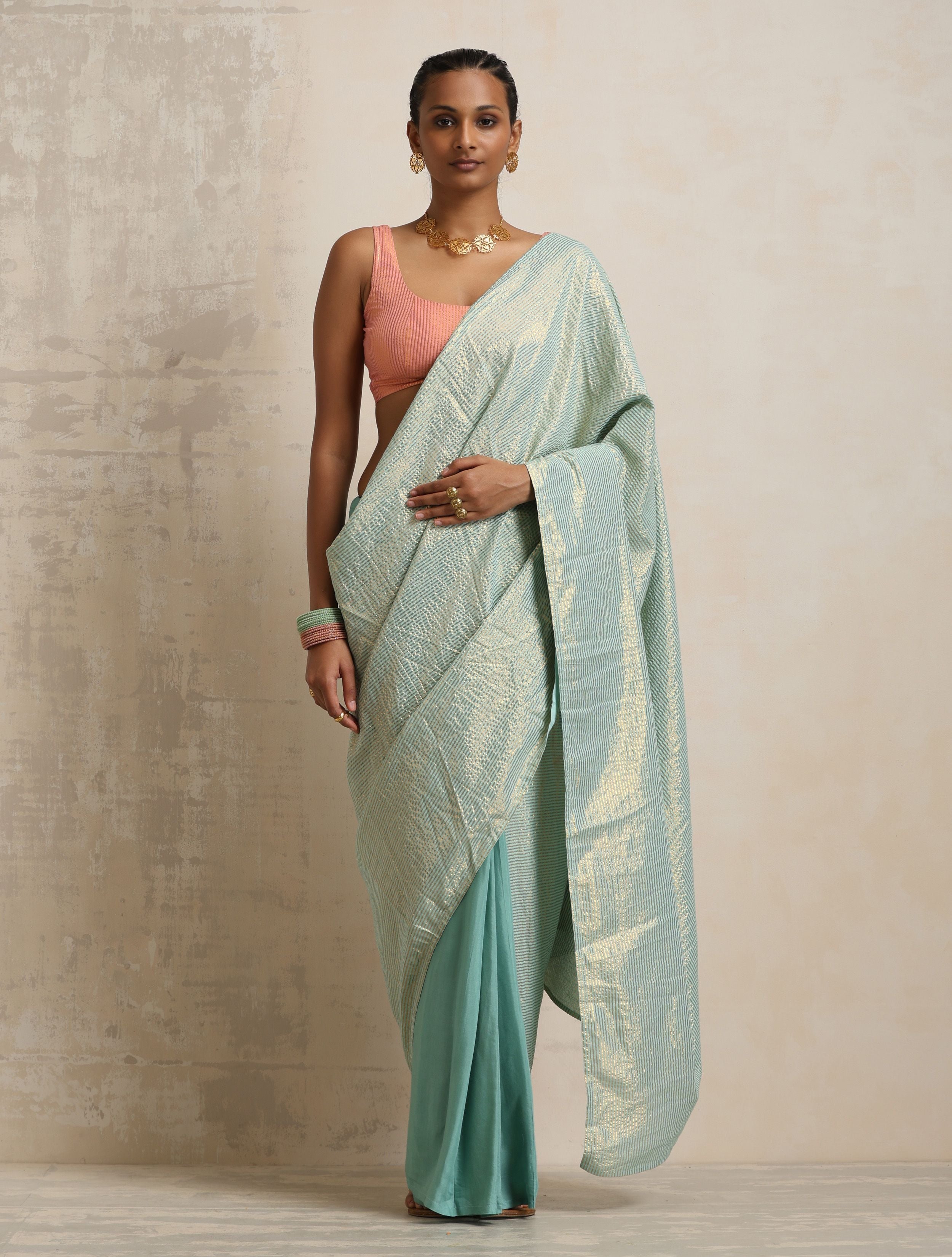trueBrowns Blue Gold Lurex Ready To Wear Saree - Distacart