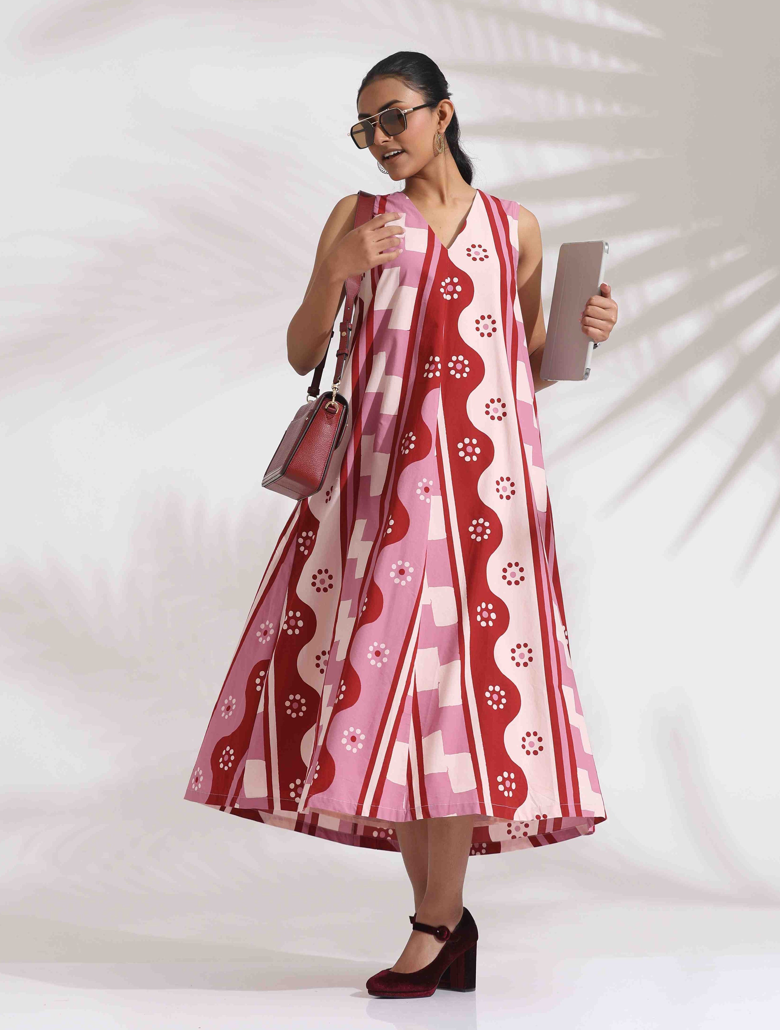 trueBrowns Pink Cotton Abstract Print Dress - Distacart