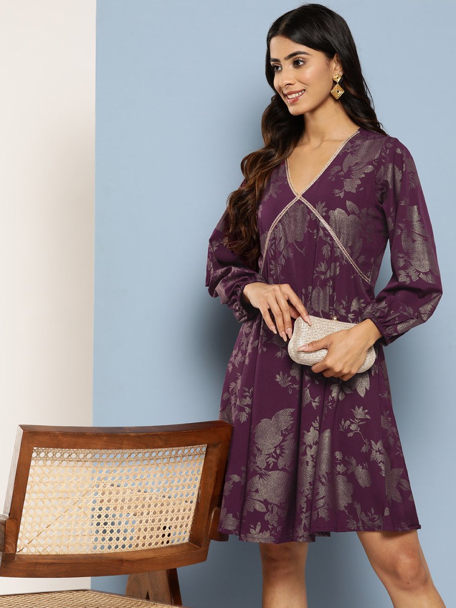 Ahalyaa Floral Print Puff Sleeves Empire Crepe Ethnic Dress - Distacart
