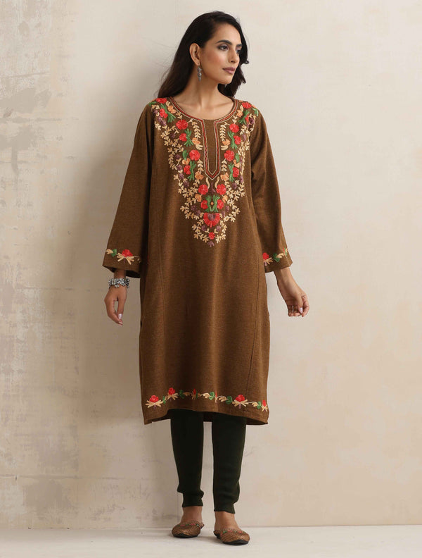 trueBrowns Brown Kashmiri Embroidered Woollen Phiran Kurta - Distacart
