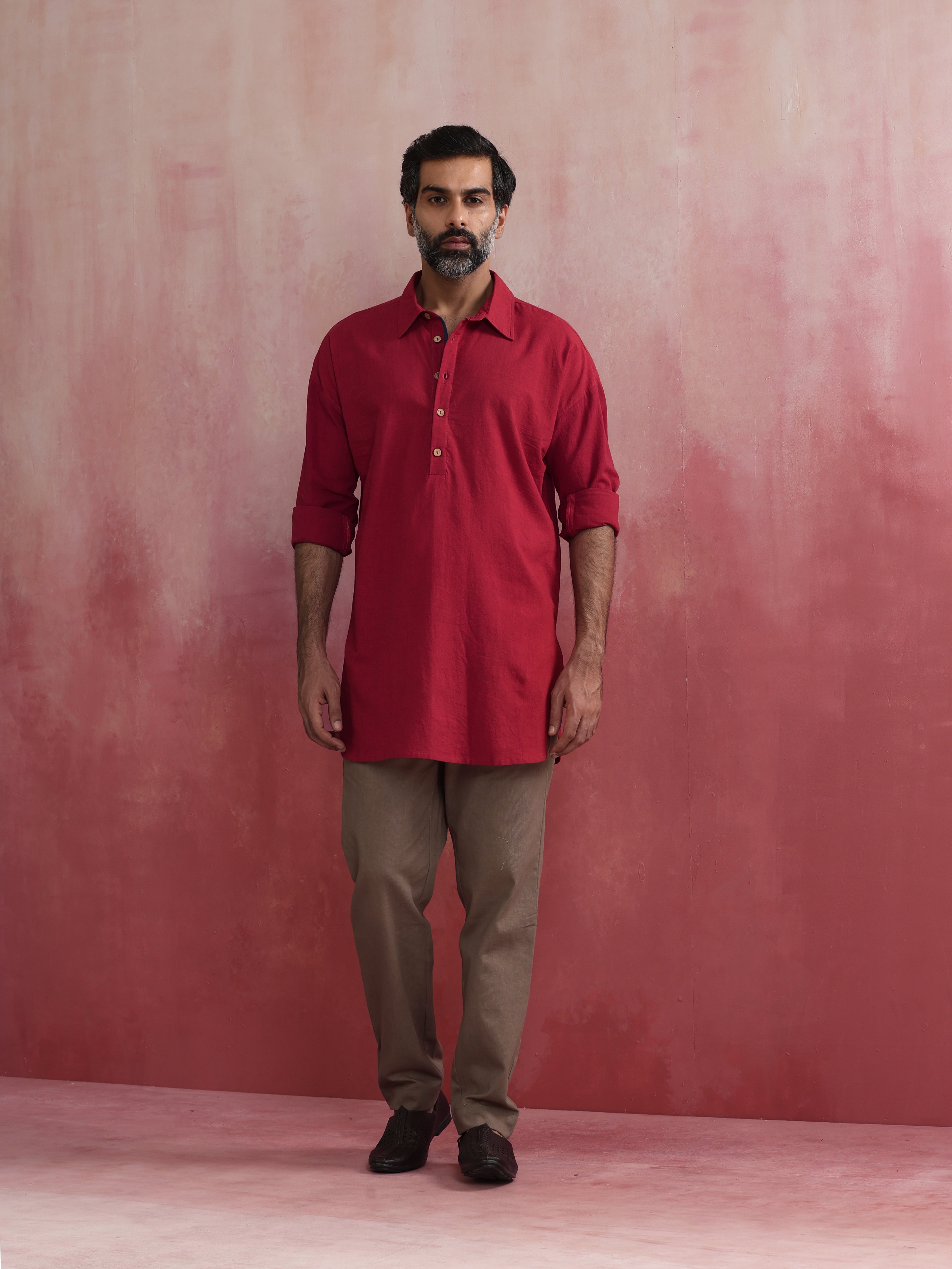 trueBrowns Men's Maroon Cotton Shirt Collar Stylized Kurta - Distacart