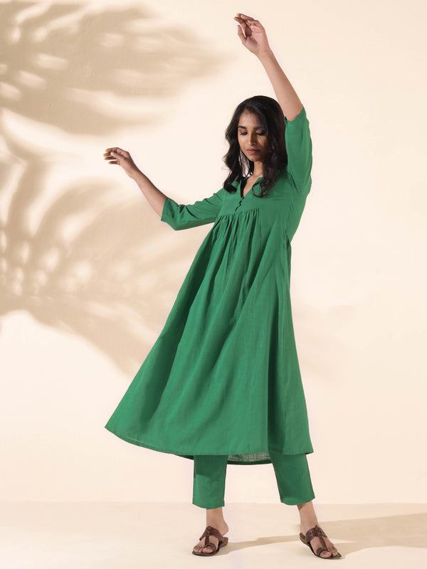 trueBrowns Green Cotton Long Kurta Pant Set - Distacart