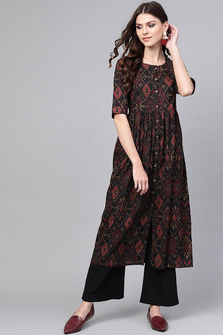 Ahika Black & Maroon Color Rayon Blend fabric Printed A-Line Kurta - Distacart