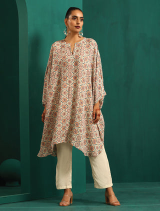 trueBrowns Off White Circle Floral Muslin Silk Printed Kaftan Pant Set - Distacart