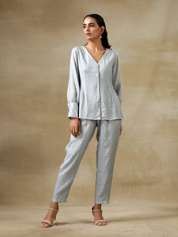 trueBrowns Grey Bandhani Printed Silk Front Open Short Co-Ord Set - Distacart