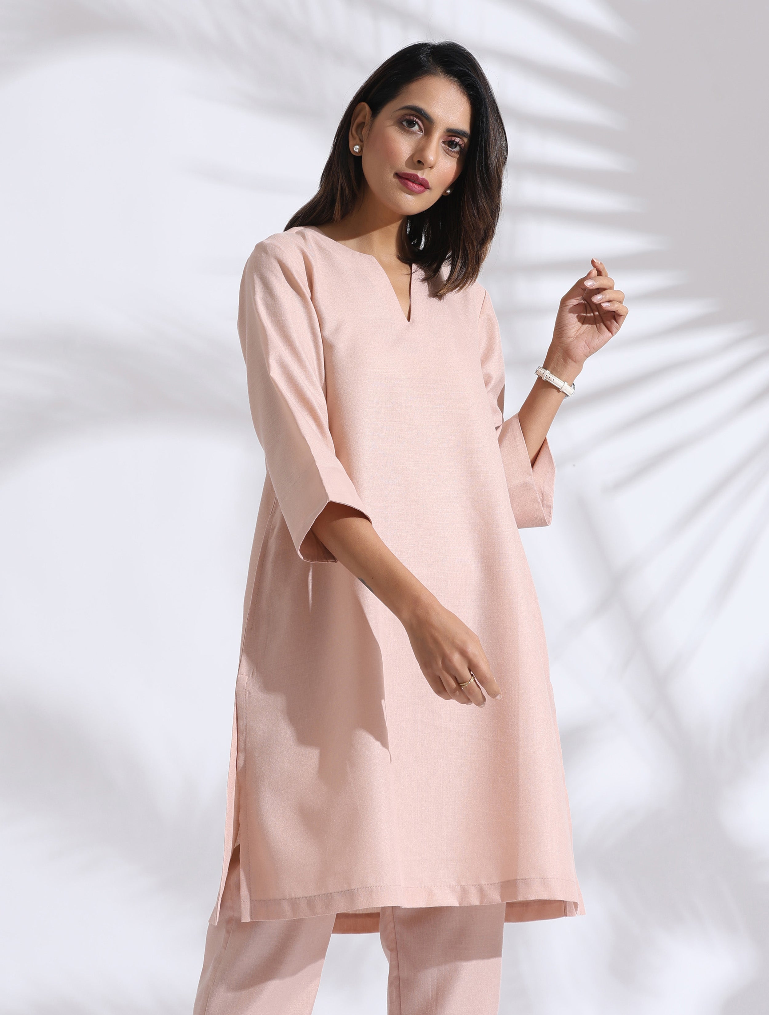 trueBrowns Light Pink Slub Kurta Co-ord Set - Distacart