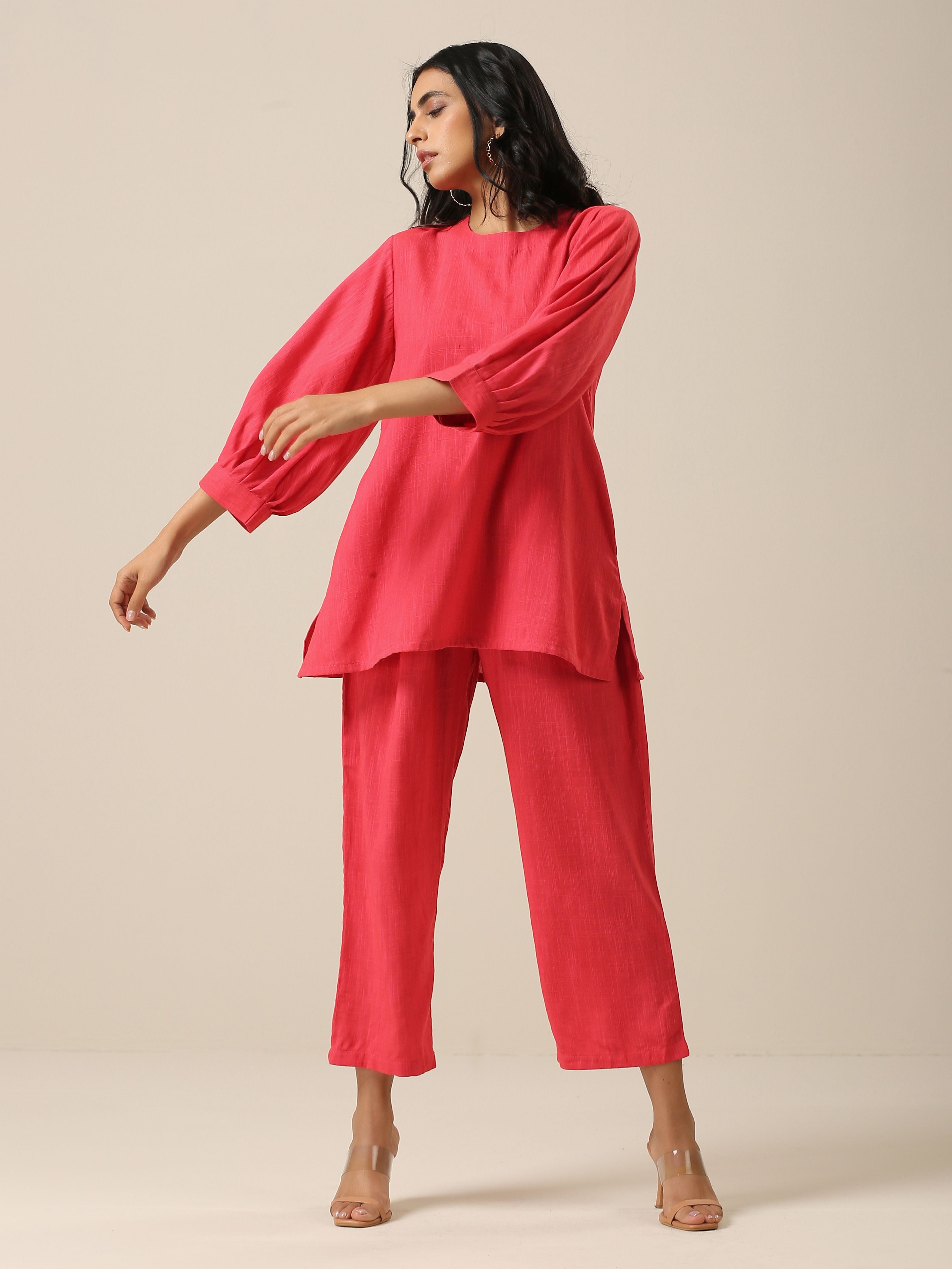 trueBrowns Bright Pink Slub Texture Baggy Sleeve Co-Ord Set - Distacart