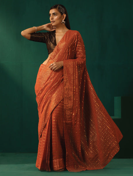 trueBrowns Rust Cotton Gold Lurex Striped Ready to Wear Saree - Distacart