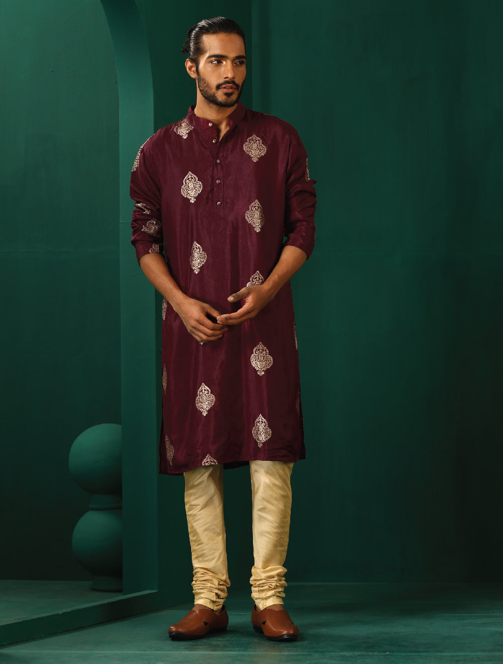 trueBrowns Men's Wine Geometric Viscose Silk Long Kurta - Distacart