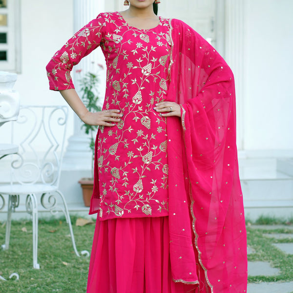 Teeya Creation Pink Color Faux Georgette Heavy Embroidery Work Fully Stitched Sharara Suit - Distacart