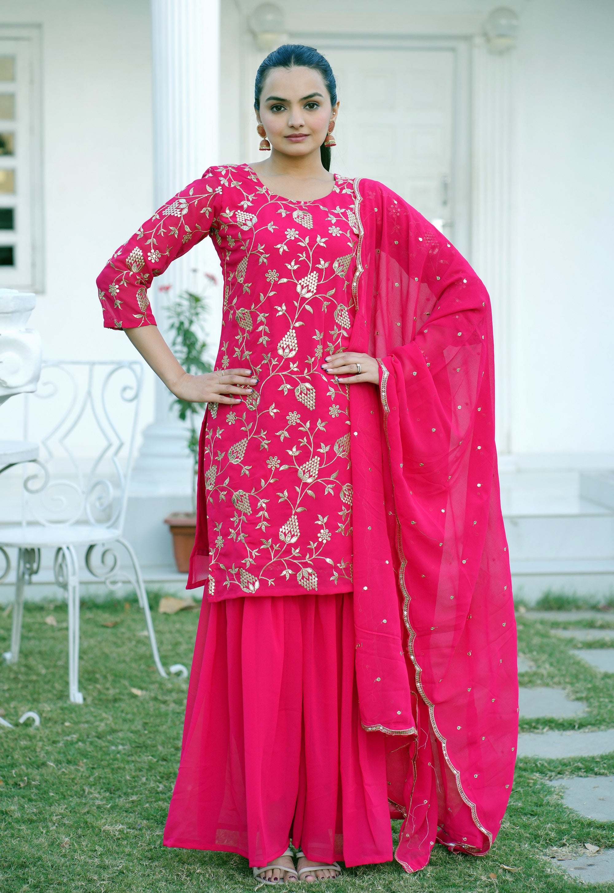 Teeya Creation Pink Color Faux Georgette Heavy Embroidery Work Fully Stitched Sharara Suit - Distacart