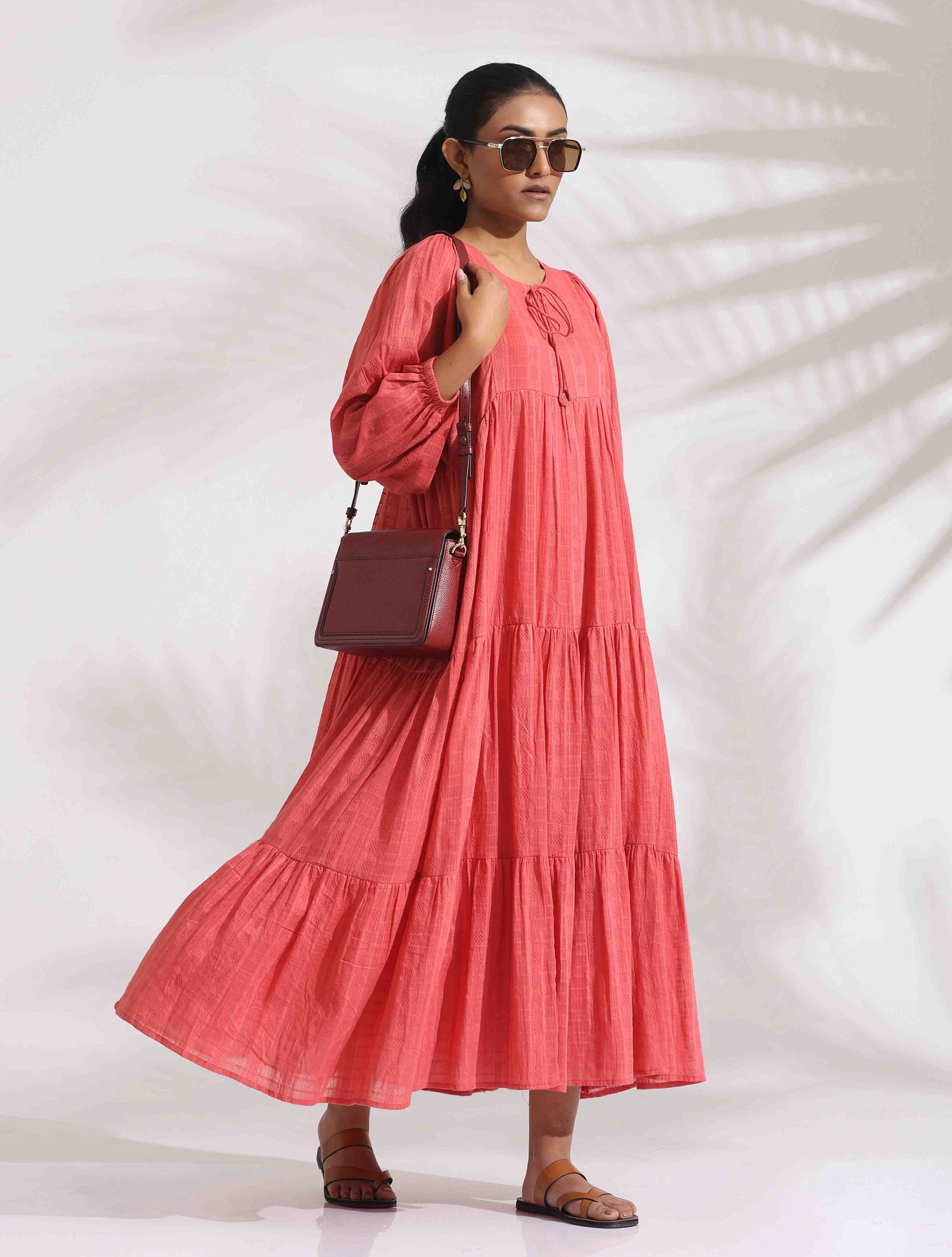 trueBrowns Pink Cotton Tier Dress - Distacart