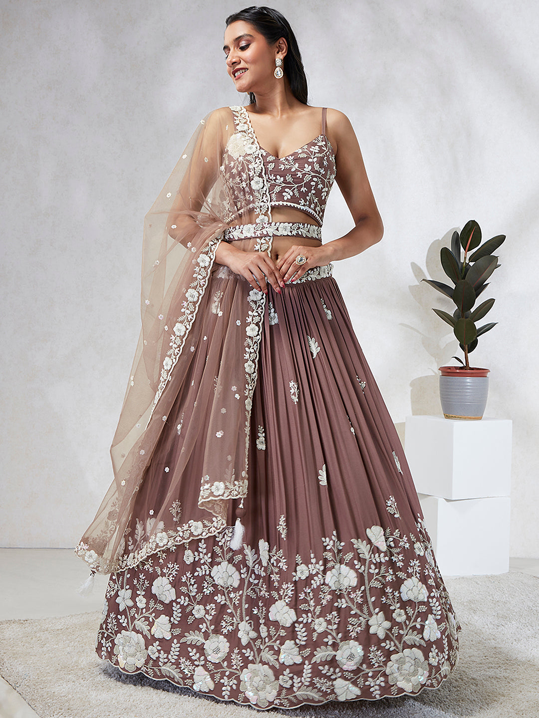 House of Panchhi Rose Gold Pure Georgette Sequins And Thread Embroidery Lehenga Choli & Dupatta - Distacart