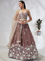Thumbnail for House of Panchhi Rose Gold Pure Georgette Sequins And Thread Embroidery Lehenga Choli & Dupatta - Distacart
