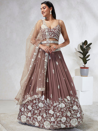 House of Panchhi Rose Gold Pure Georgette Sequins And Thread Embroidery Lehenga Choli & Dupatta - Distacart