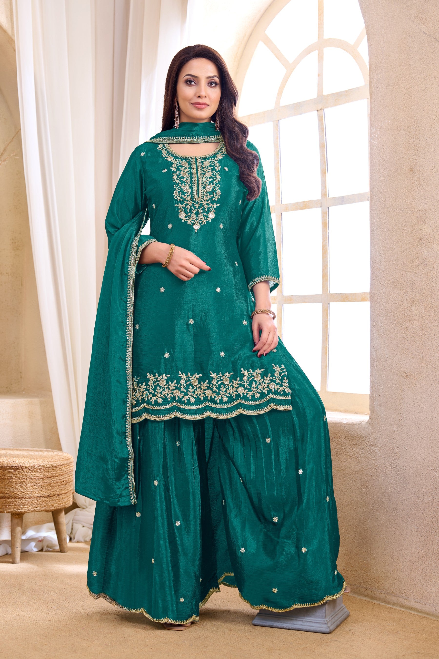 Anaita Teal Chiffon Readymade Suit with Coding Work - Dista