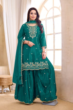 Thumbnail for Anaita Teal Chiffon Readymade Suit with Coding Work - Dista