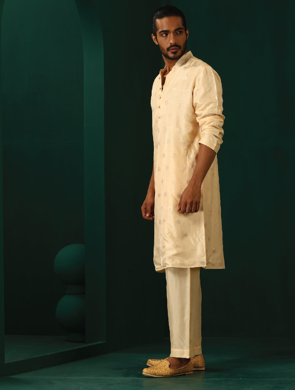 trueBrowns Men's Ivory Geometric Floral Viscose Silk Long Kurta - Distacart