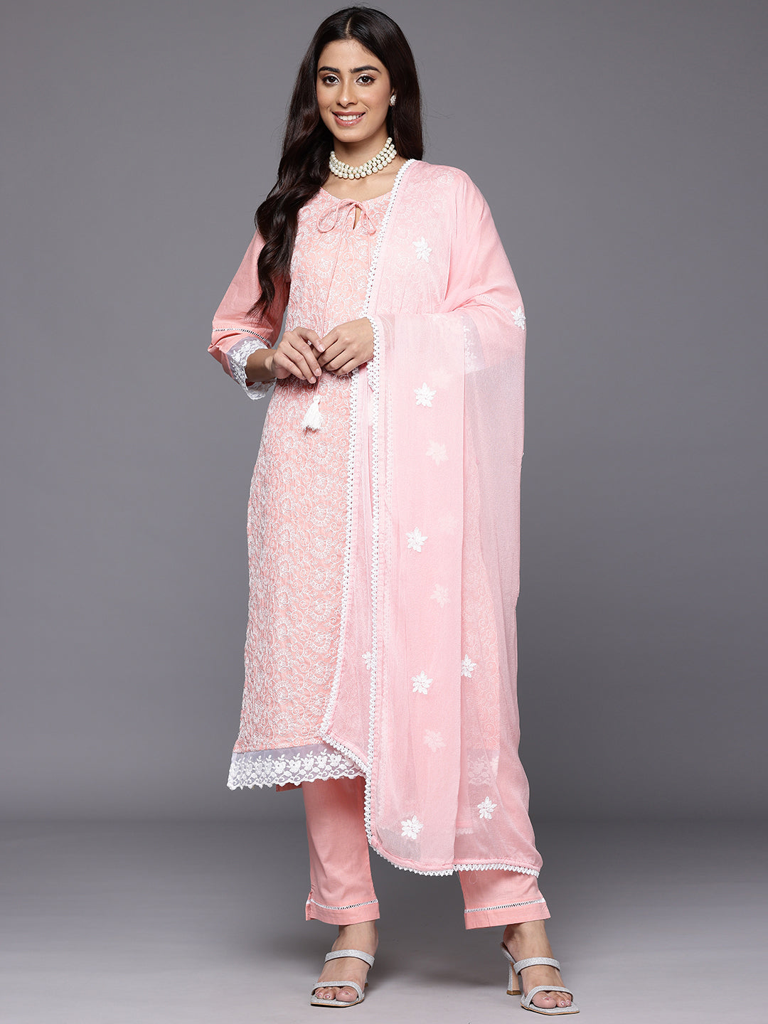 Varanga Women Peach Round Neck Chikankari Straight Kurta With Bottom And Dupatta - Distacart