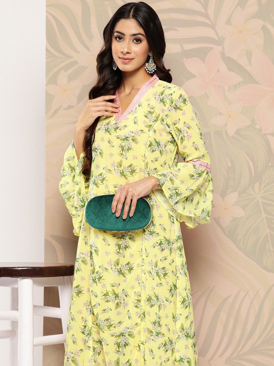 Ahalyaa Floral Printed Bell Sleeves Gotta Patti Georgette Kurta - Distacart