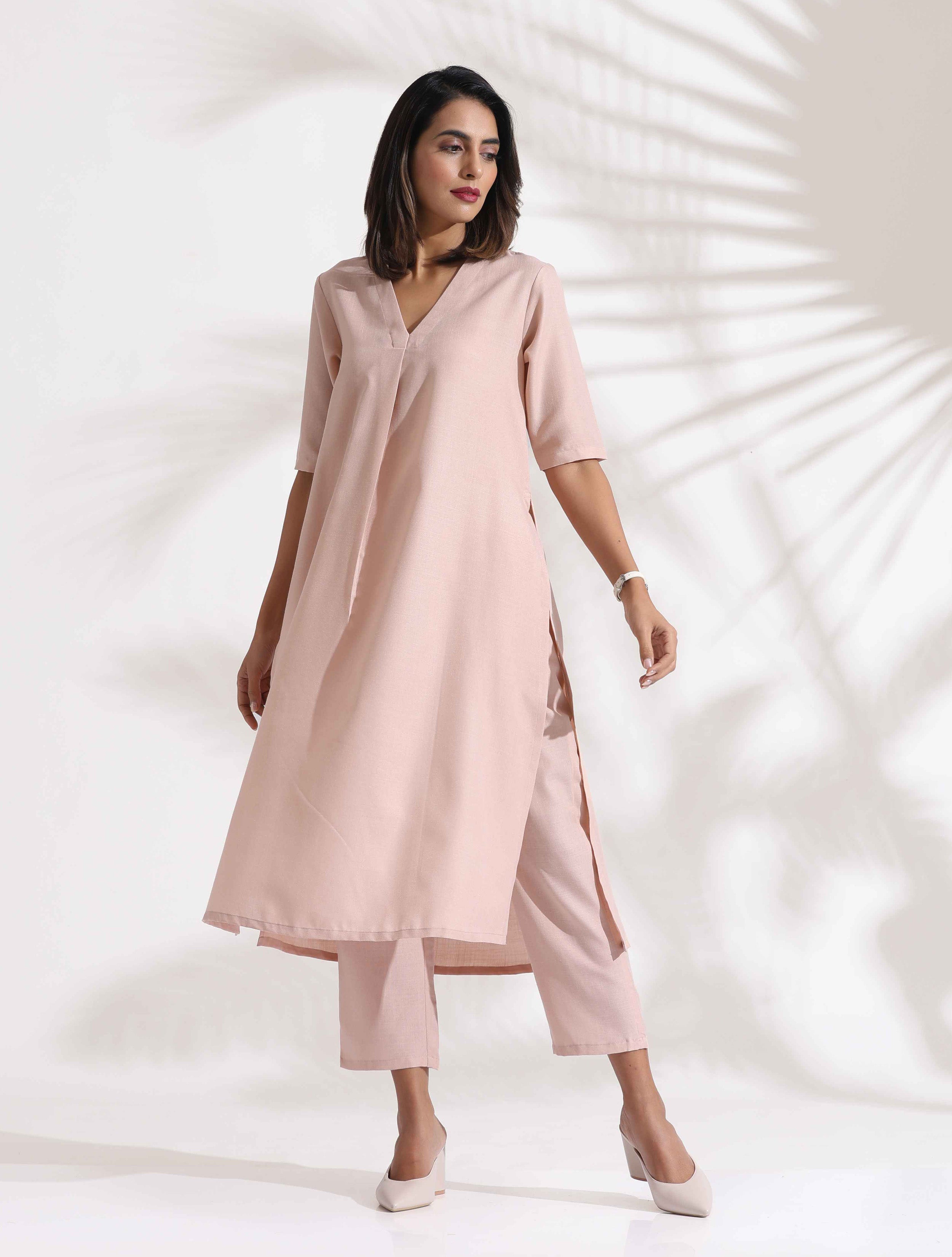 trueBrowns Light Pink Slub Kurta Set - Distacart