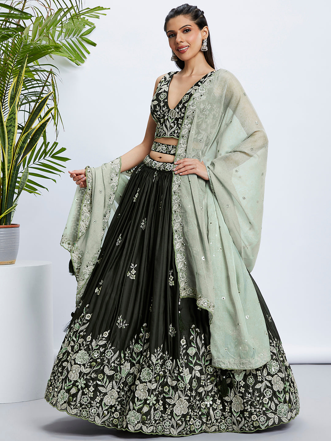 House of Panchhi Turquoise Blue Georgette Sequins And Thread Embroidery Lehenga Choli & Dupatta - Distacart