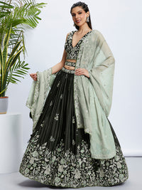 Thumbnail for House of Panchhi Turquoise Blue Georgette Sequins And Thread Embroidery Lehenga Choli & Dupatta - Distacart