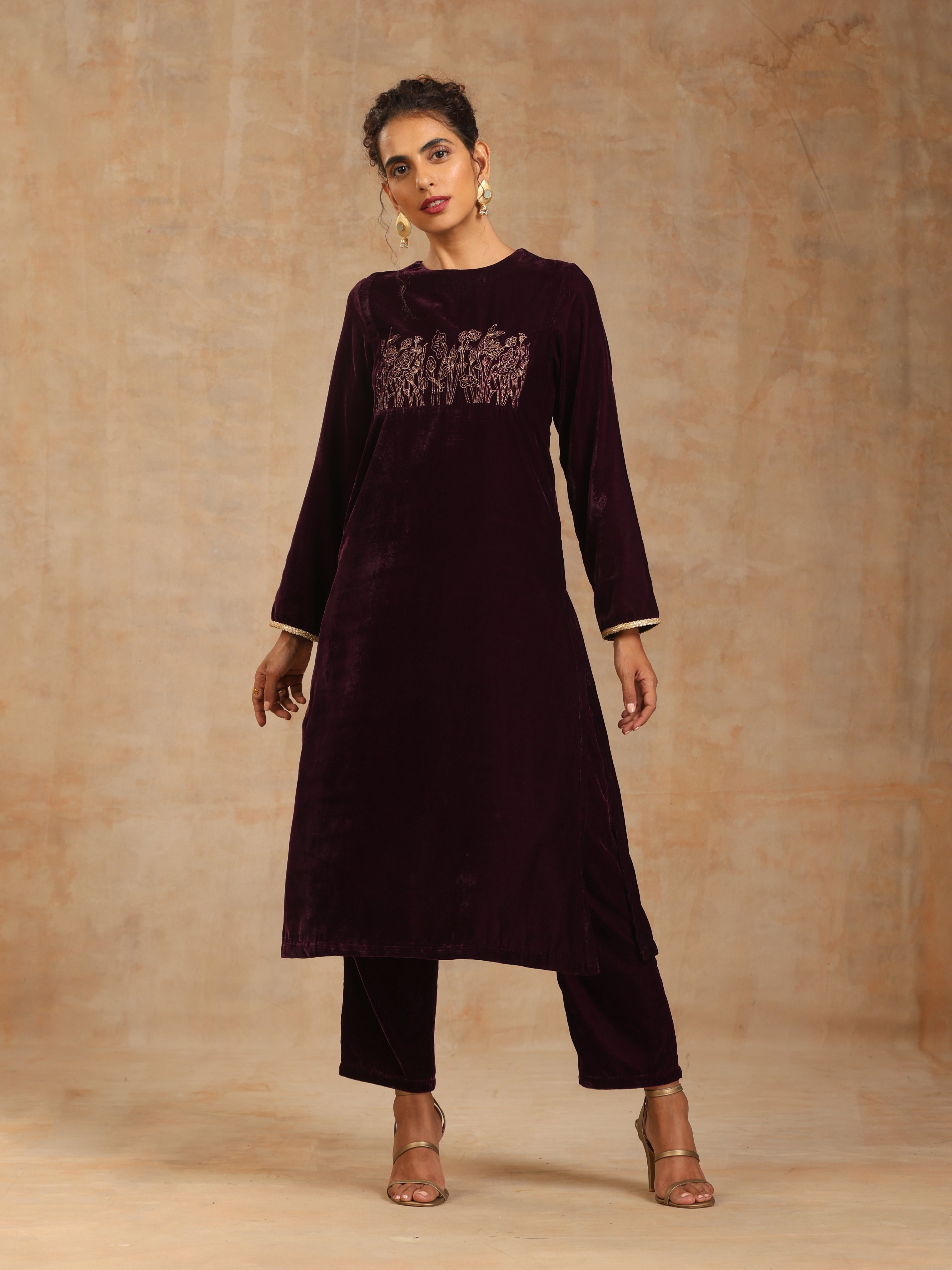 trueBrowns Wine Velvet Yoke Embroidered Kurta - Distacart