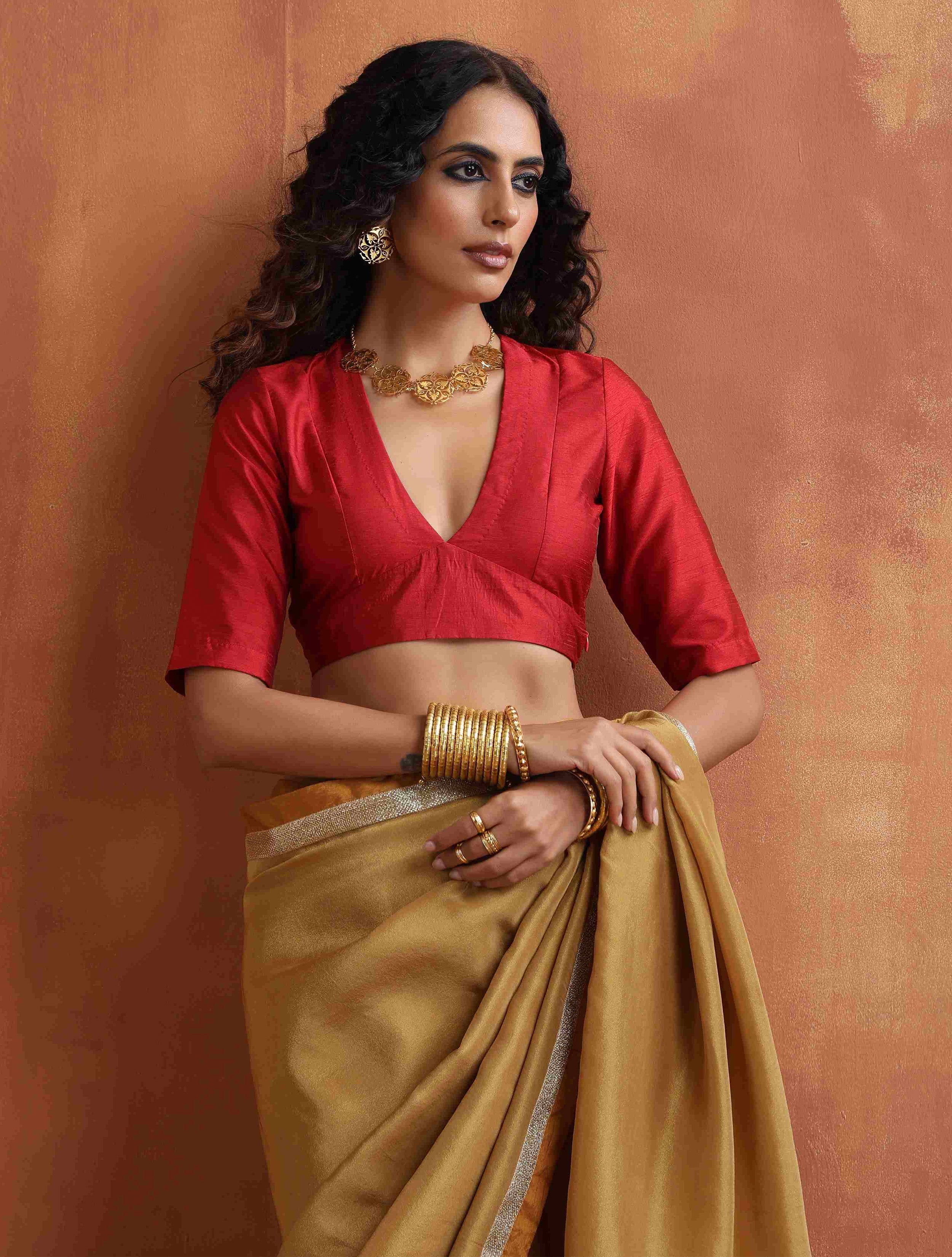 trueBrowns Red Silk V Neck Blouse - Distacart