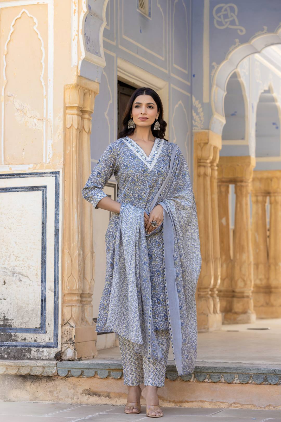 Varanga Women Grey Embroidered V Neck Kurta With Printed Bottom And Dupatta - Distacart