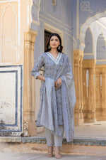 Thumbnail for Varanga Women Grey Embroidered V Neck Kurta With Printed Bottom And Dupatta - Distacart