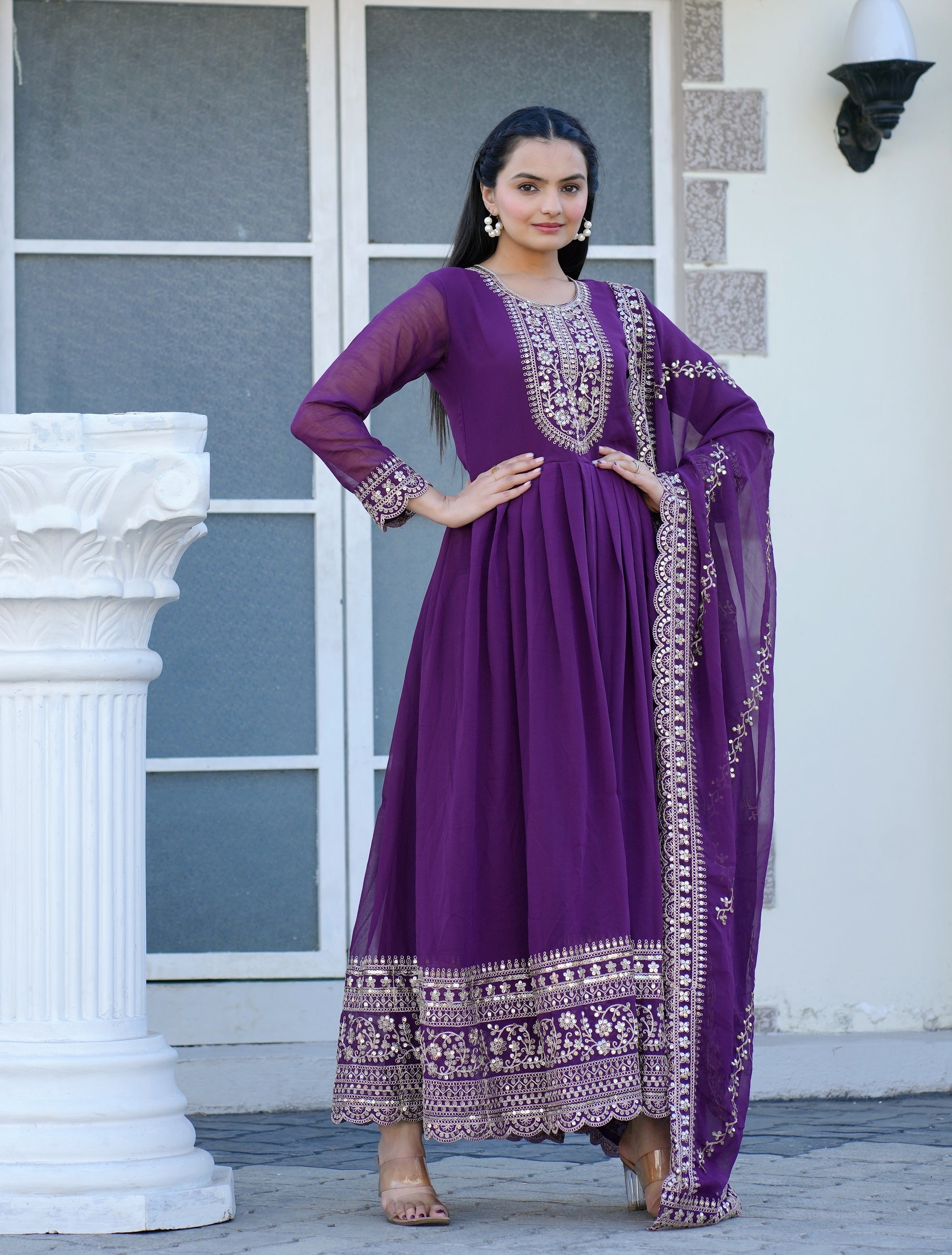 Teeya Creation Purple Color Georgette Silk Heavy Embroidery Work Fully Stitched Gown Set - Distacart