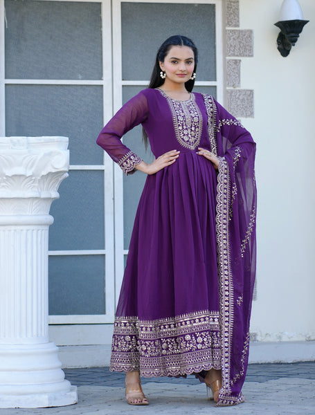 Teeya Creation Purple Color Georgette Silk Heavy Embroidery Work Fully Stitched Gown Set