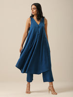 Thumbnail for trueBrowns Classic Blue Slub Texture Sleeveless Flared Kurta Pant Set - Distacart