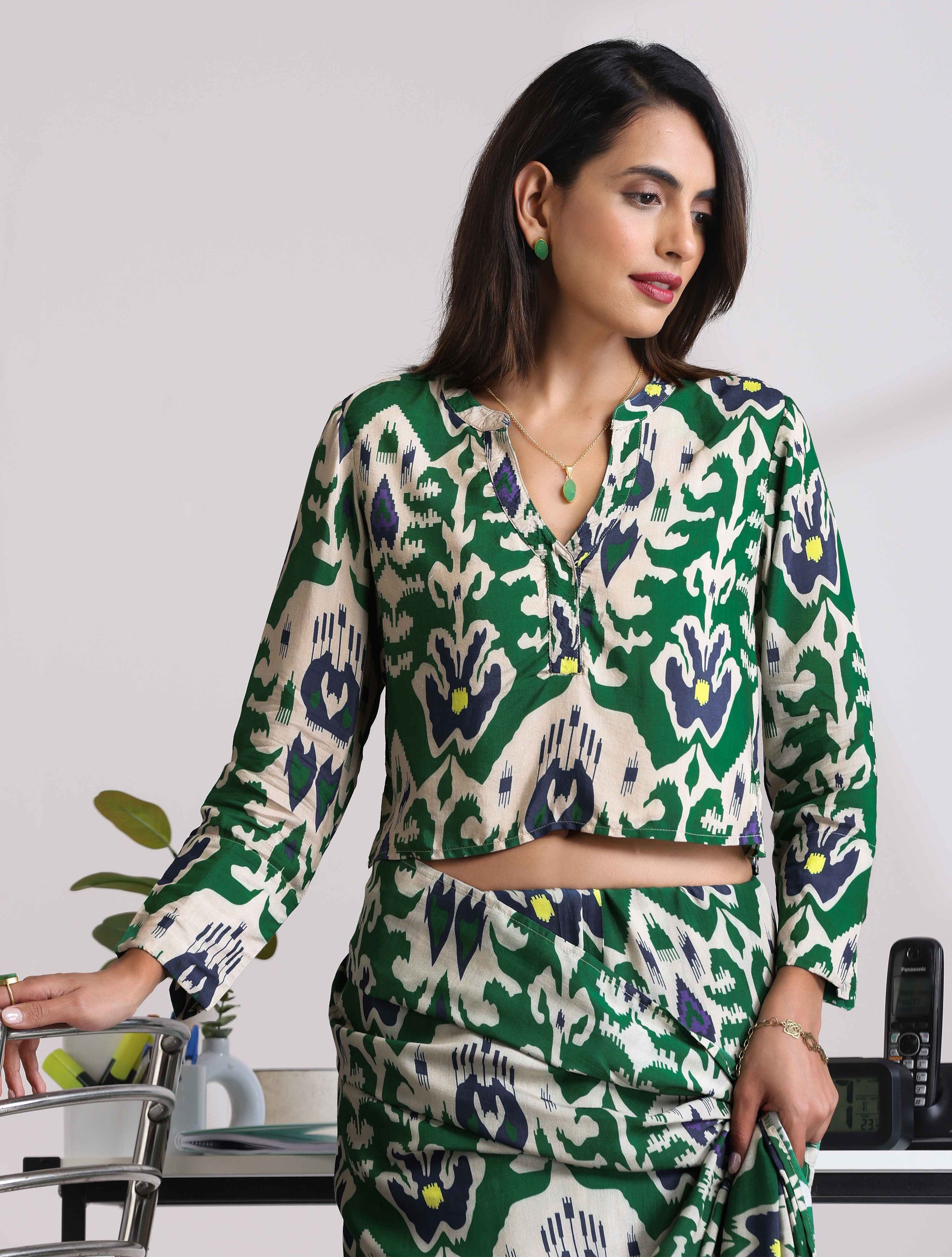 trueBrowns Green Muslin Ikat Shirt Blouse - Distacart