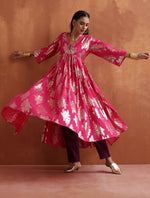 Thumbnail for trueBrowns Pink Metallic Flared Anarkali Kurta Set