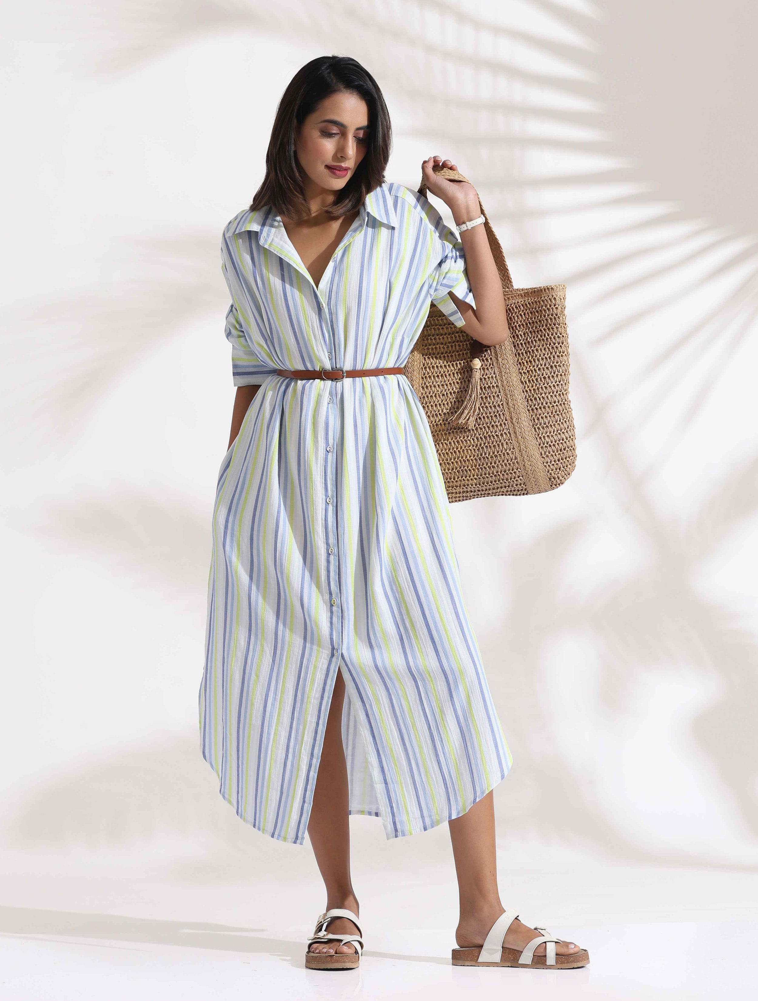 trueBrowns White Cotton Multi Stripe Shirt Dress - Distacart