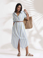 Thumbnail for trueBrowns White Cotton Multi Stripe Shirt Dress