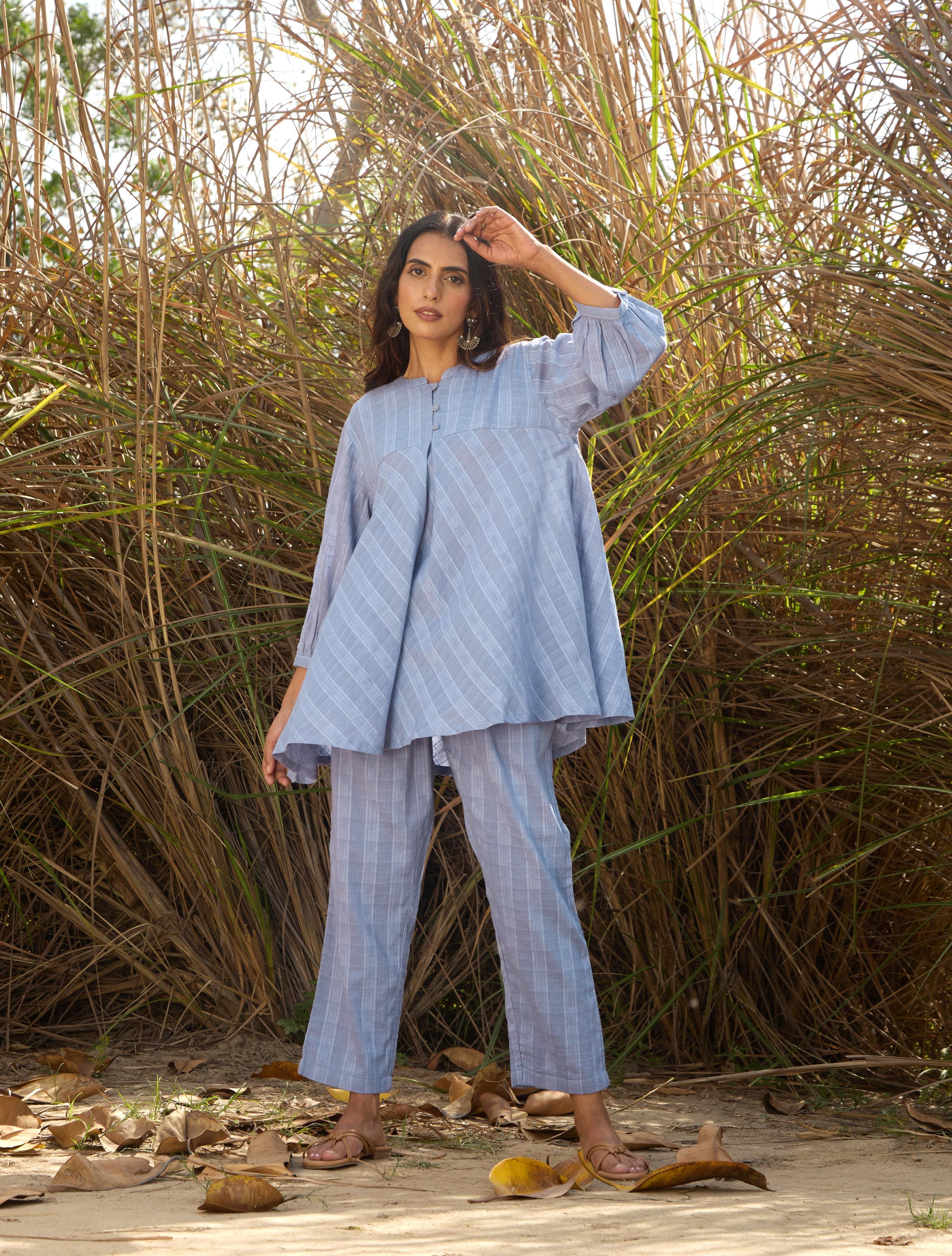 trueBrowns Light Blue Cotton Dobby Flared Co-ord Set - Distacart