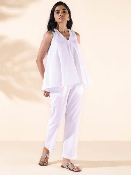trueBrowns White Cotton Dobby Flared Co-ord Set - Distacart