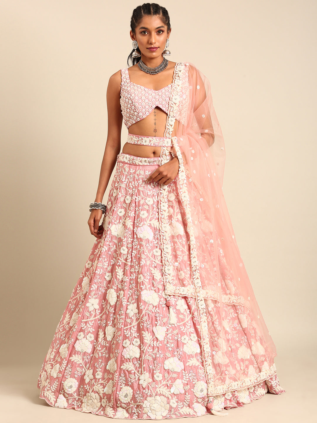House of Panchhi Rose Gold Chinon Sequins And Zarkan Embroidery Lehenga Choli & Dupatta - Distacart