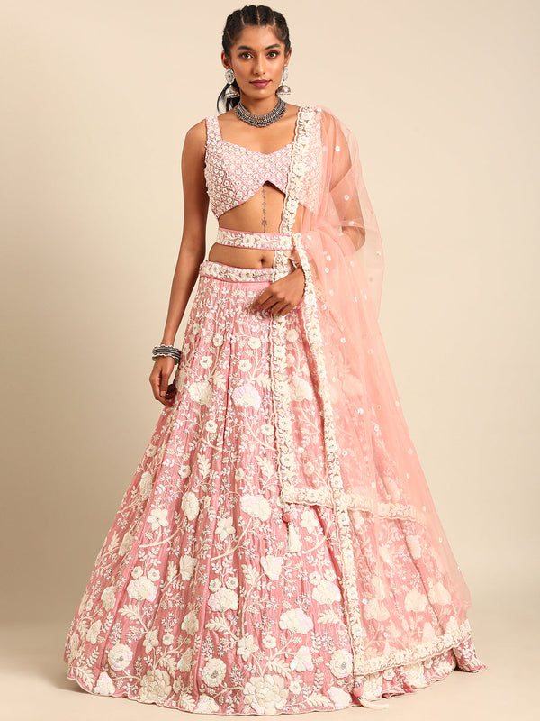 House of Panchhi Rose Gold Chinon Sequins And Zarkan Embroidery Lehenga Choli & Dupatta - Distacart