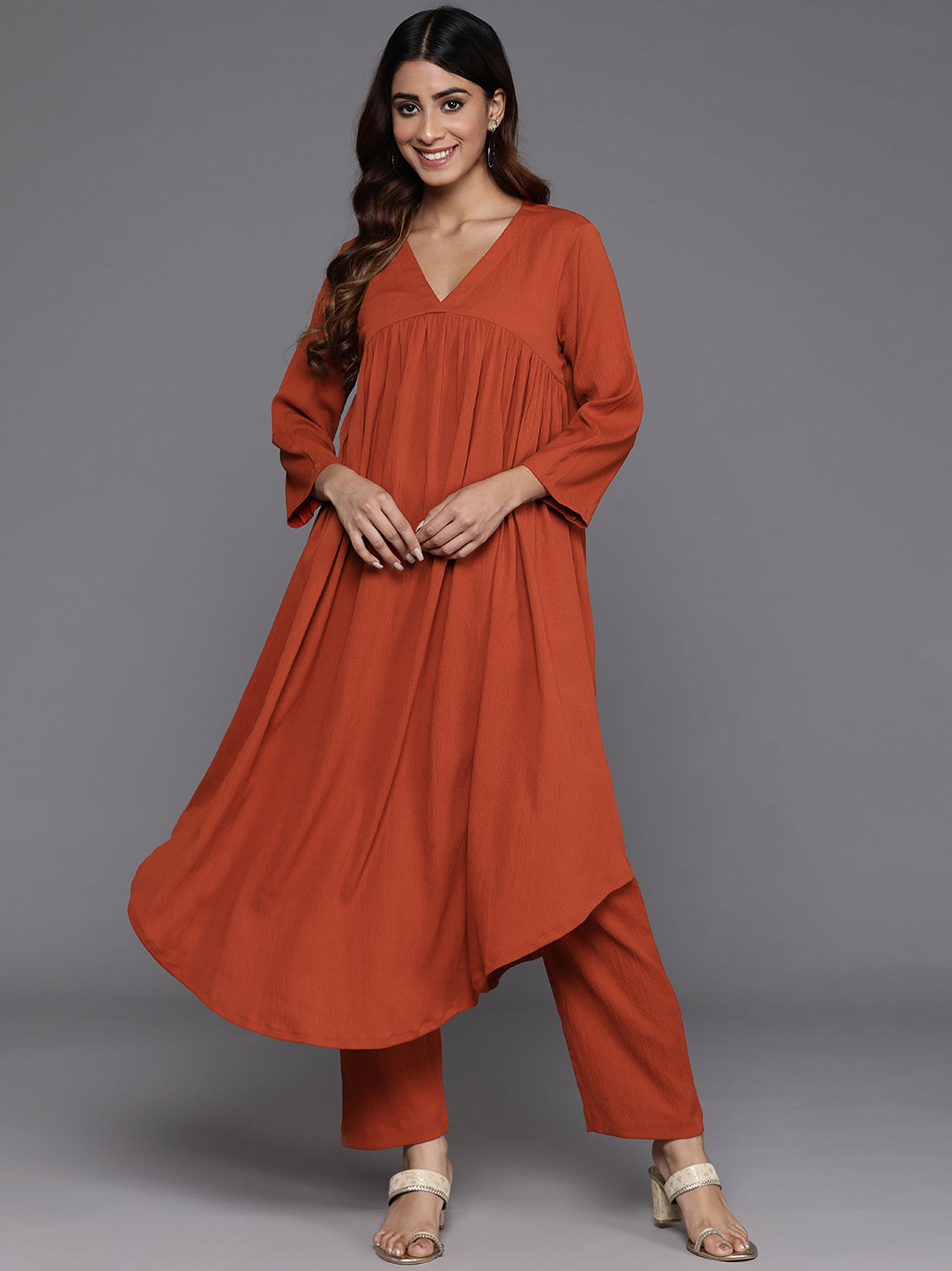Varanga Women Rust Empire Gathered Details A-Line Kurta Paired With Tonal Bottom - Distacart