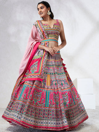 House of Panchhi Pink Pure Georgette Position Printing With Siroski Stone Work Lehenga Choli & Dupatta - Distacart