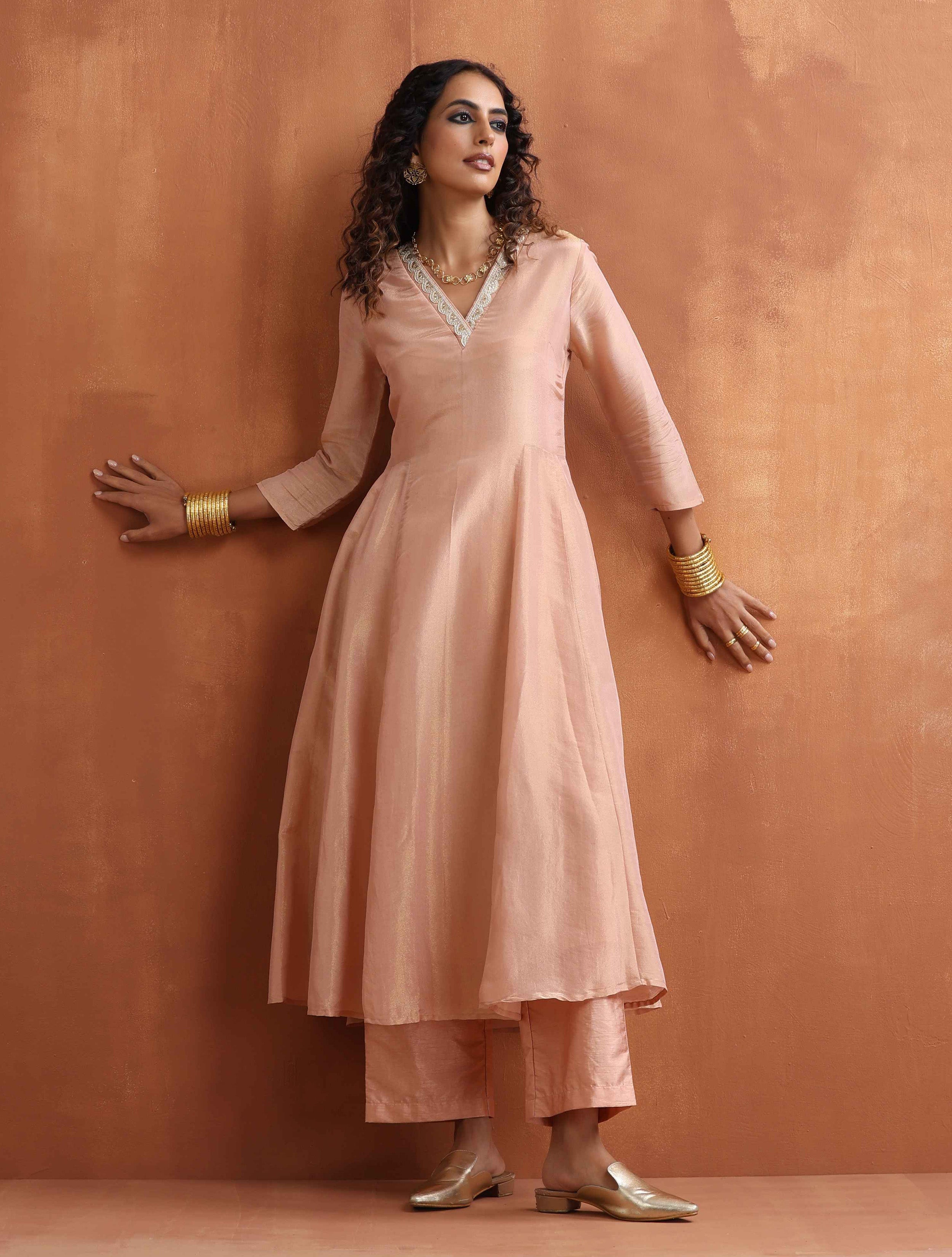 trueBrowns Blush Pink Tissue Flared Anarkali Kurta Set - Distacart