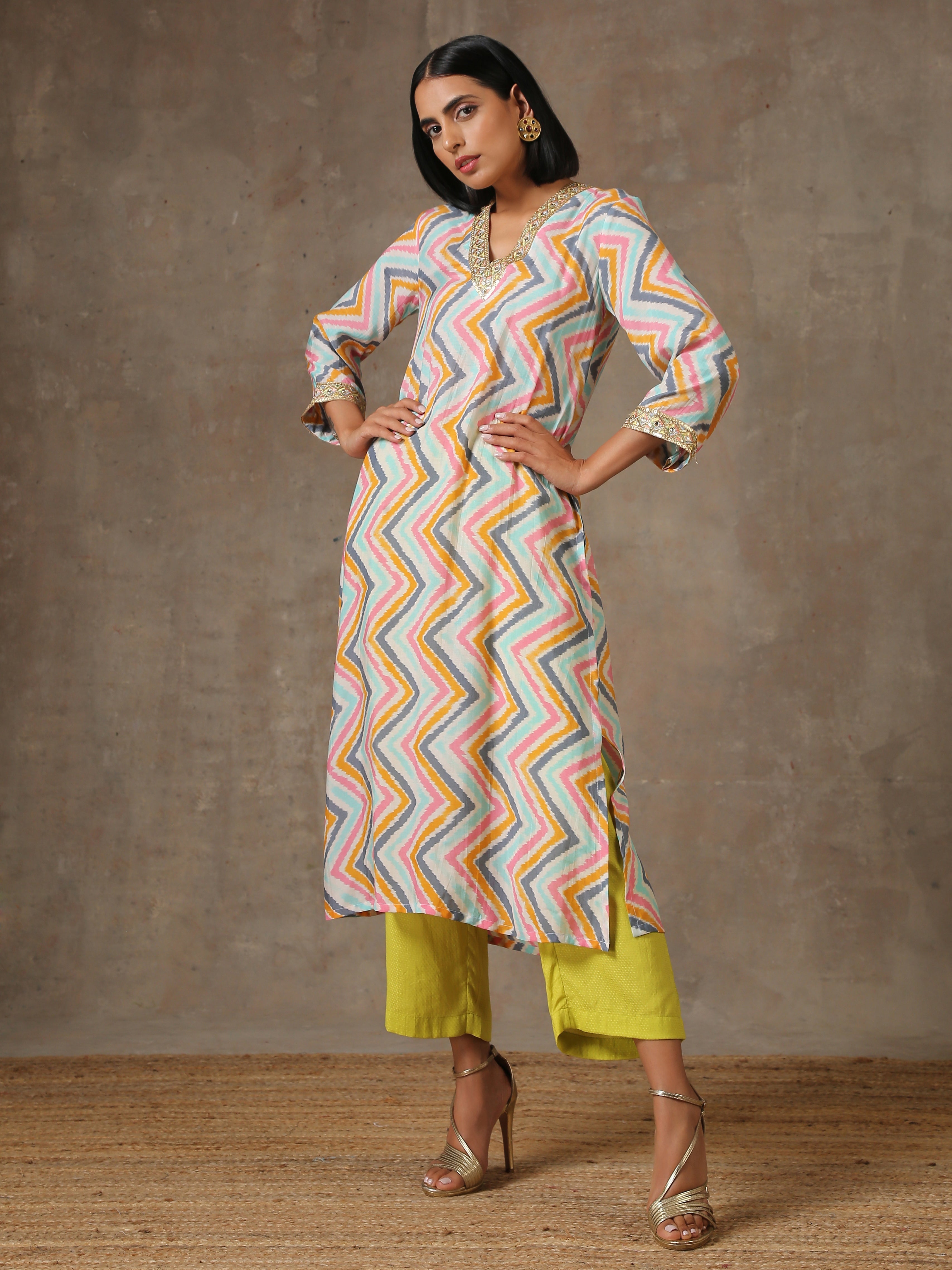 trueBrowns Multicolour Lehariya Printed Silk Kurta Pant Set - Distacart